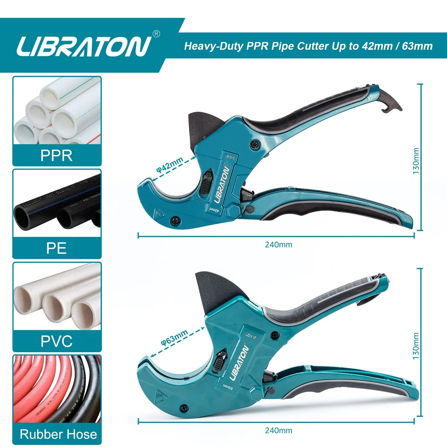 Libraton PVC Pipe Cutter Heavy-duty Up to 42mm / 63mm, Large PVC Cutter, Plastic Pipe Cutter for Cutting PVC Plastic Pipe