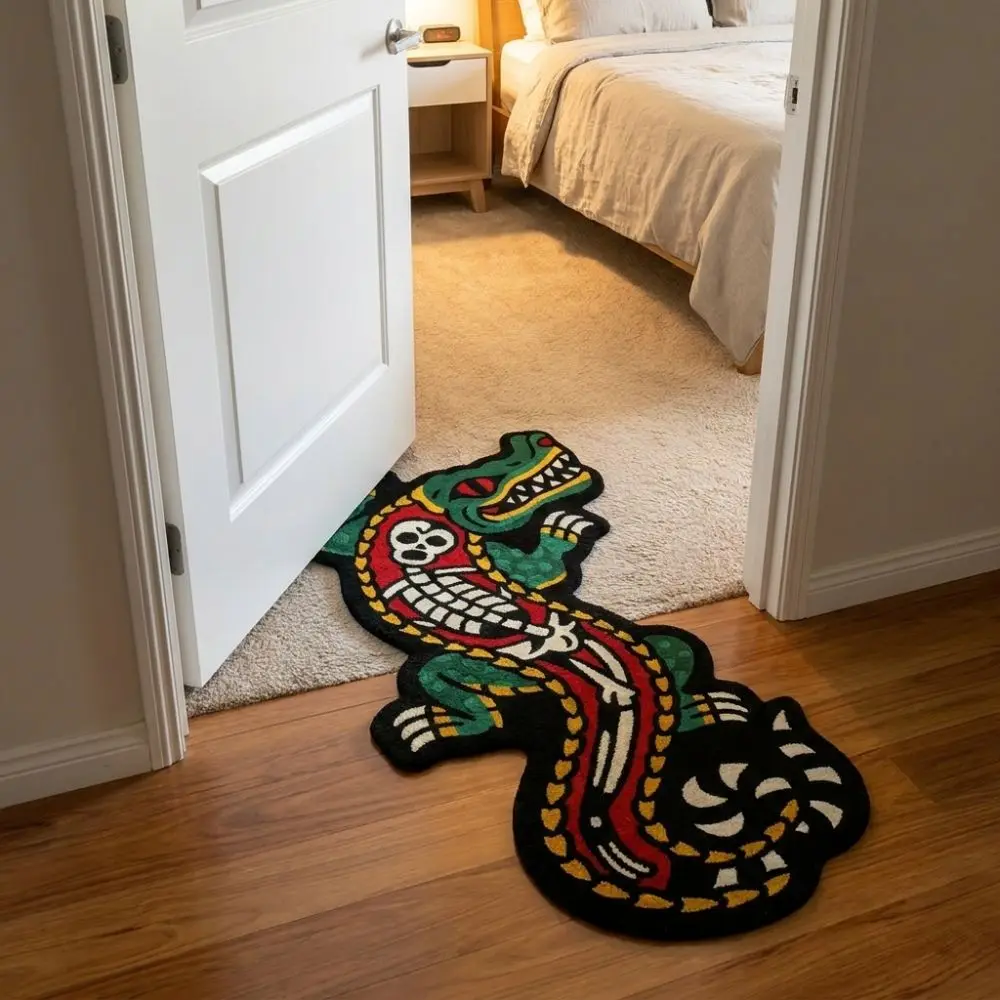 Durable Wool-like Fabric Crocodile Shape Rug Irregular Shaped Low Pile Bath Mat Eye Catching Colorful Carpets Bathroom view 5