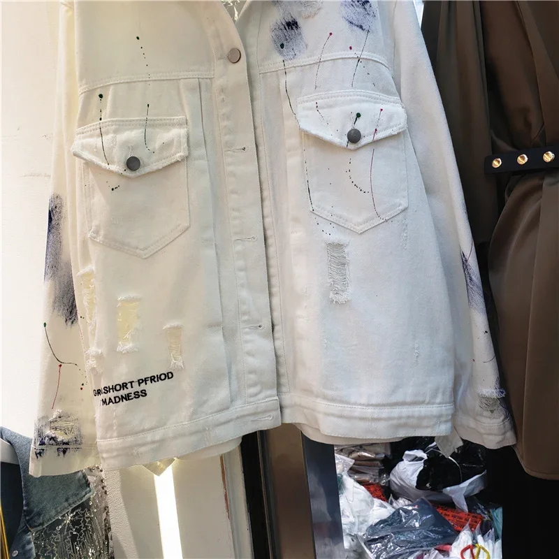 Fashion Black White Denim Jacket Women Loose Short Print Embroidery Cowboy Outerwear Korean Holes Big Pocket Jeans Jacket Female - Image 6