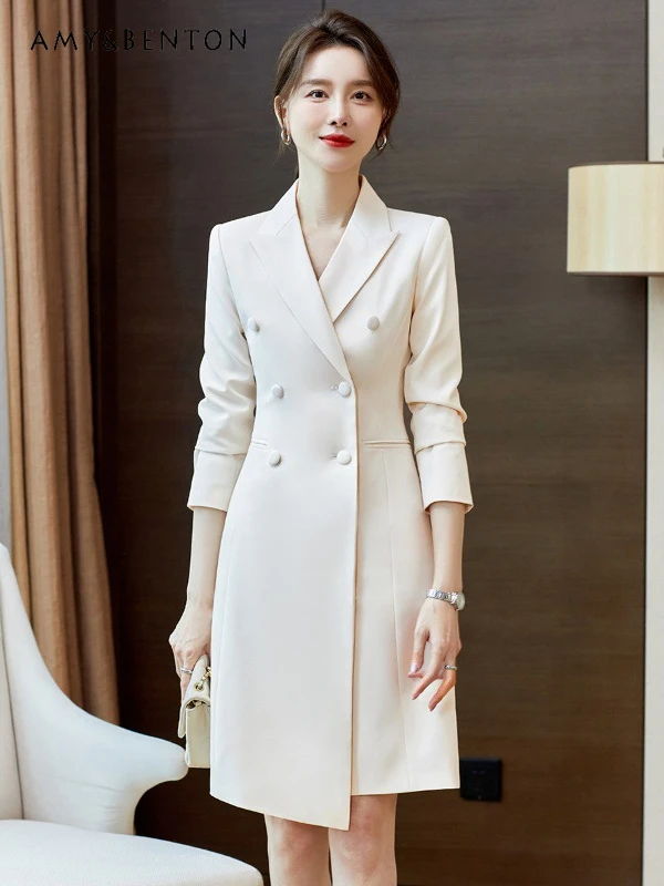 

Commute Style Business Suit Dress for Women Spring Autumn Elegant Graceful Cross Collar Slim Double-Breasted Dresses White Dress