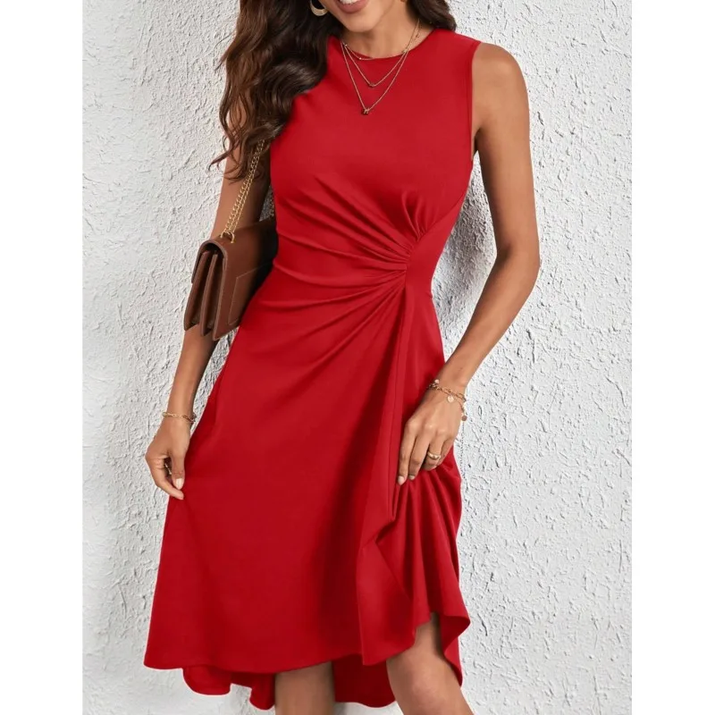 

Fashion Solid Loose Dress Lady Casual Sleeveless O Neck High Waist Dresses Robe Femme Elegant Holiday Beach Party Streetwear New