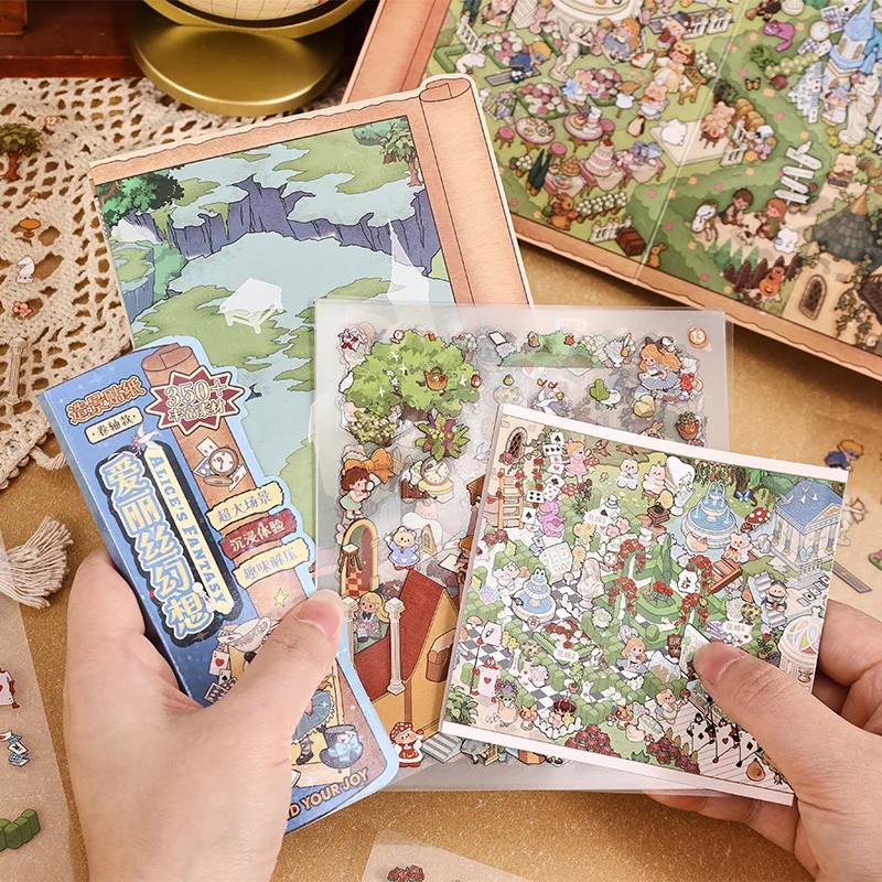 بطاقة عاشق 16 قطعة [سلسلة أليس فانتسي] ملصقات المناظر الطبيعية ماجيك وورلد التمرير نمط لطيف الحيوان سجل القصاصات مجلة القرطاسية