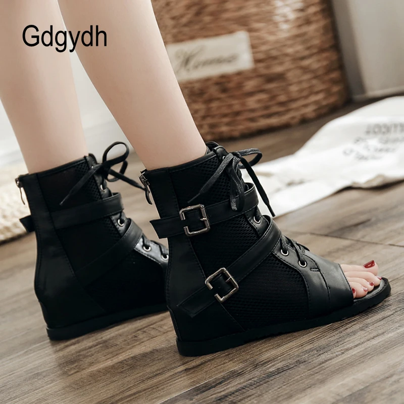 Gdgydh Gauze Anime Cosplay Shoes Women Open Toe Height Increased Summer Boots Woman High Top Belt Buckle Japanese Korean Retro