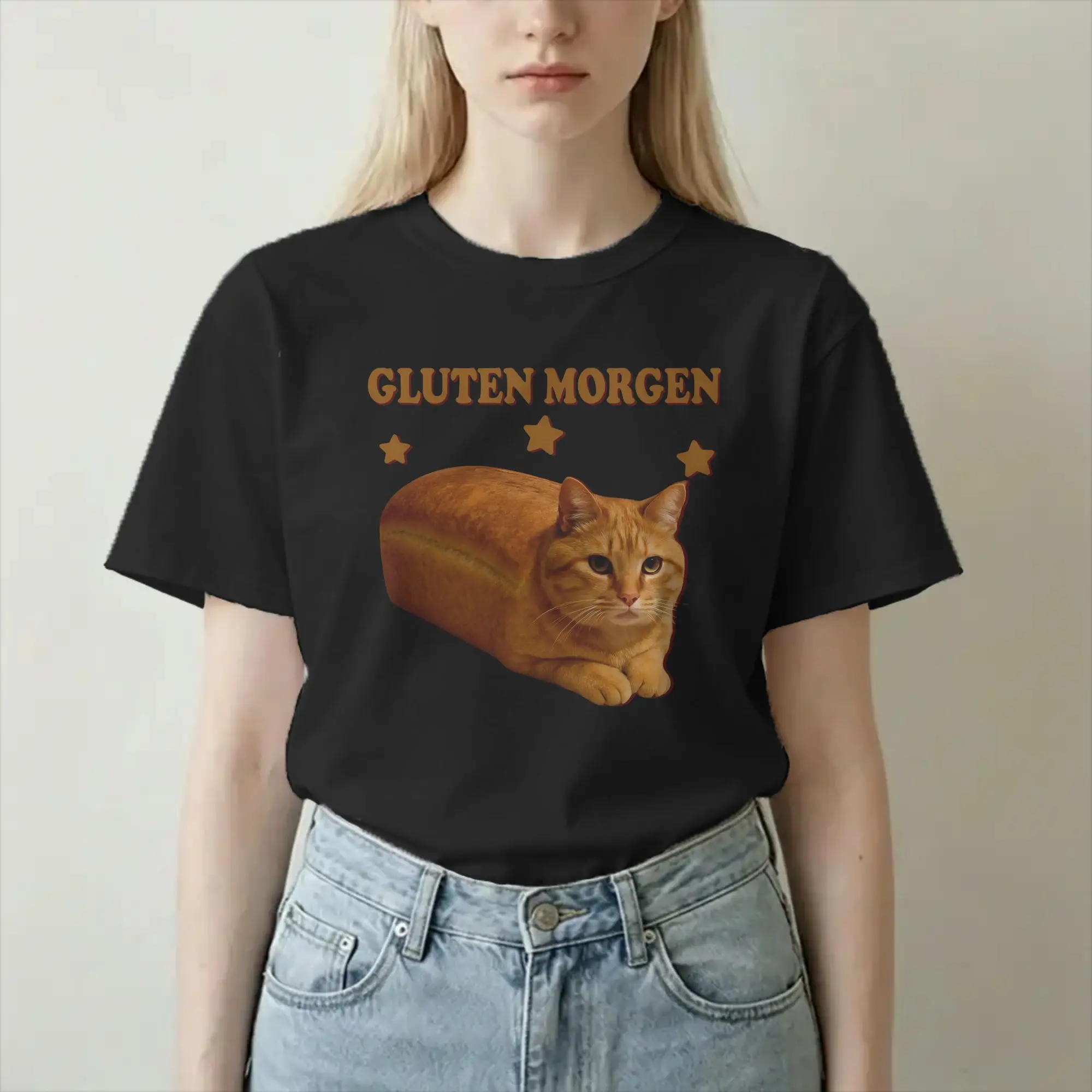 Camiseta Unissex de Algodão com Estampa Engraçada de Gato e Pão, Manga Curta, Gola Redonda, Tamanhos Grandes