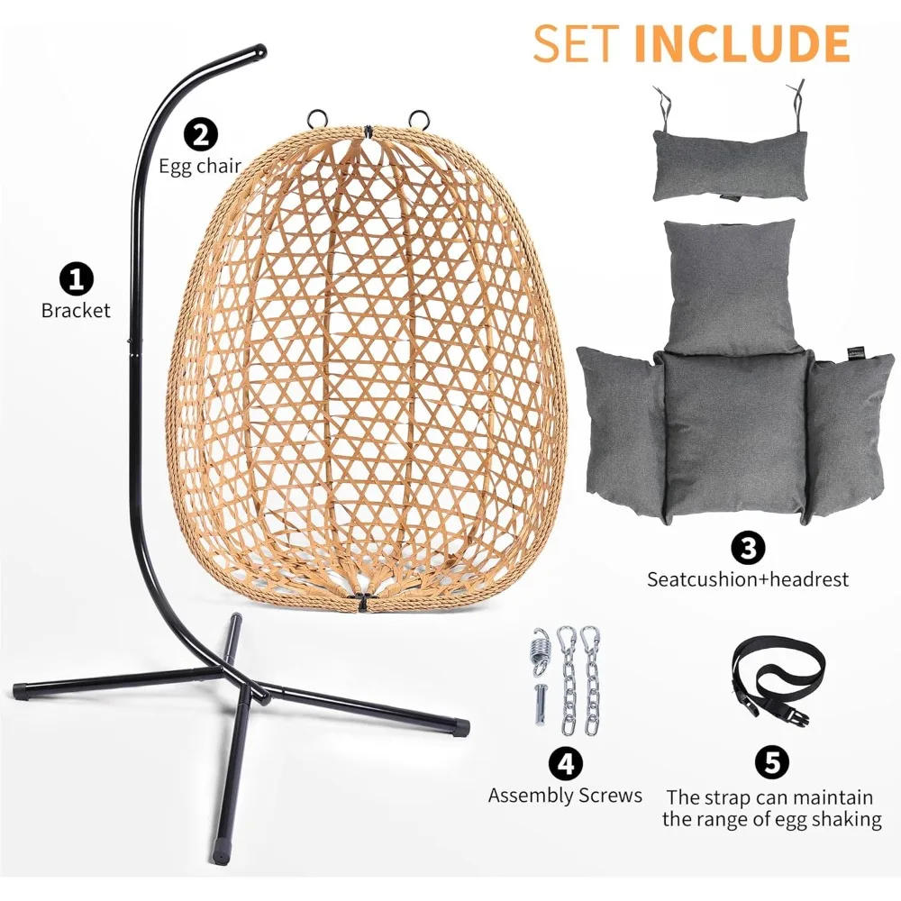 LHBCraft Sedia a uovo sospesa con supporto, sedia a dondolo in vimini da patio, stile amaca con capacità di 350 libbre per camera da letto, balcone o giardino
