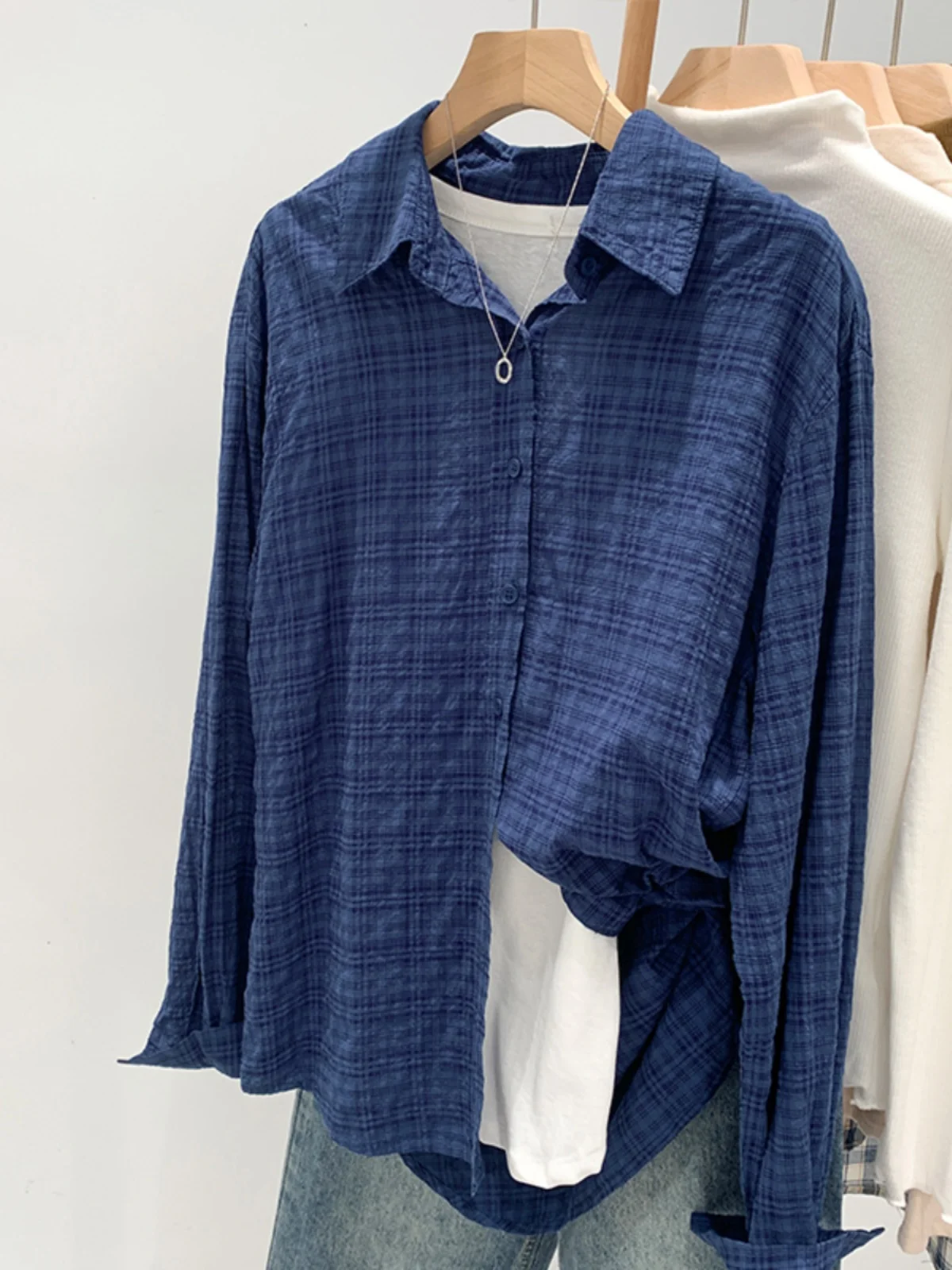 

Blue Pure Cotton Plaid Shirt Jacket Women's Autumn Winter Loose Top Luxury Sensation Commute Style Button Closure Long Sleeve