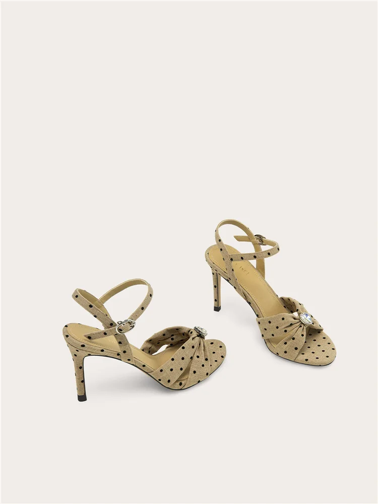 Summer new retro polka dot rhinestone fabric cross strap sandals dress large size small size slim heel high-heeled women's shoes - view 3