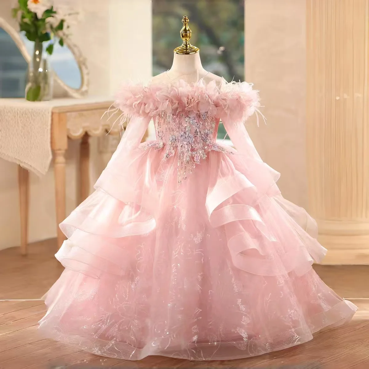 

Dreamy Vow D201 Потрясающее розовое платье с круглым вырезом и перьями для девочек с открытыми плечами, пышное бальное платье для свадьбы, дня рождения, вечеринки