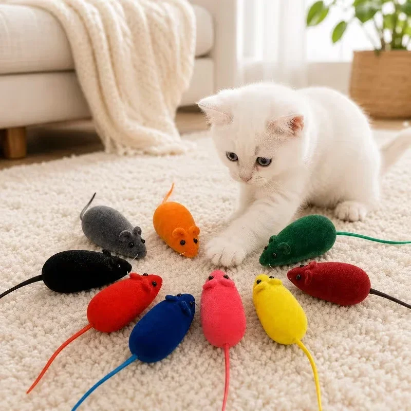 Random-Color Flocked Squeaky Toy Mouse for Cats–Durable,Chewable,Interactive; Solo Play Relieving Boredom–Gift for Cat