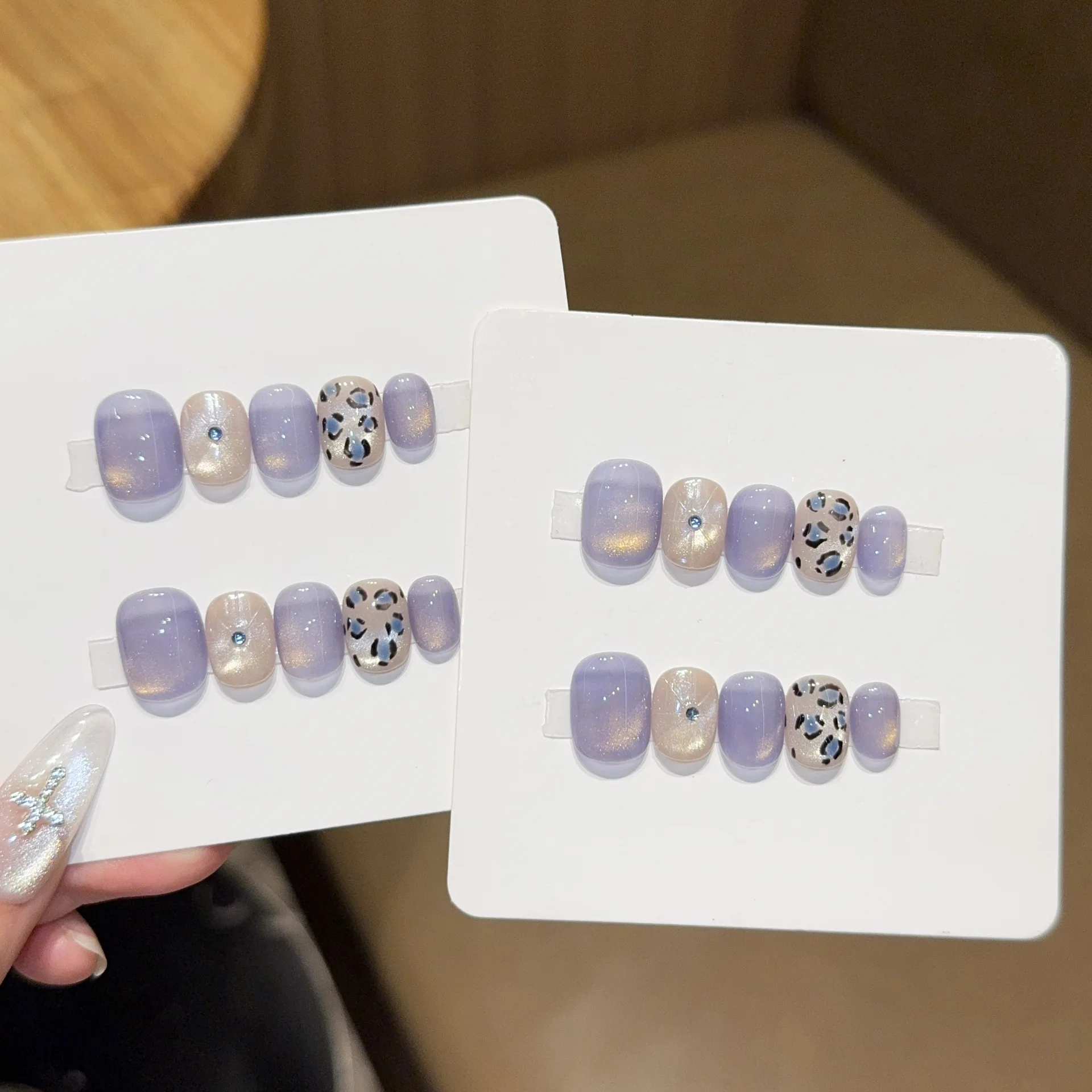 

10pcs Cat Eye Press on Nails Purple Shiny Leopard Print French Tips, Handmade Luxury Fake Nails Wearable & Reusable for Women