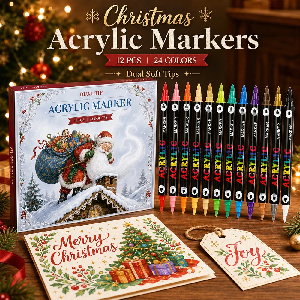 Christmas Acrylic Marker Set 24 Colors Dual Tip Soft&Fine Waterproof High Coverage Painting Pens Card Making DIY Craft Gifts
