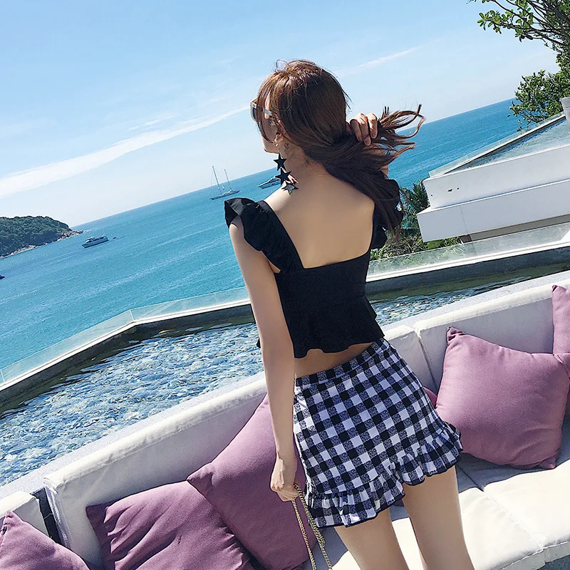 2024 Women\'s Swimwear Female Swimsuit Plaid Ruffle Skirts Bandeau Bathing Suits Girls Korean High Waisted Bikini Set Beach Wear