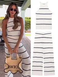 TRAFZA Female Chic Sets Stripe O-Neck Sleeveless Sweater Vest +High Waist Elastic Waist Wide Leg Pants Summer Suit Woman Trendy