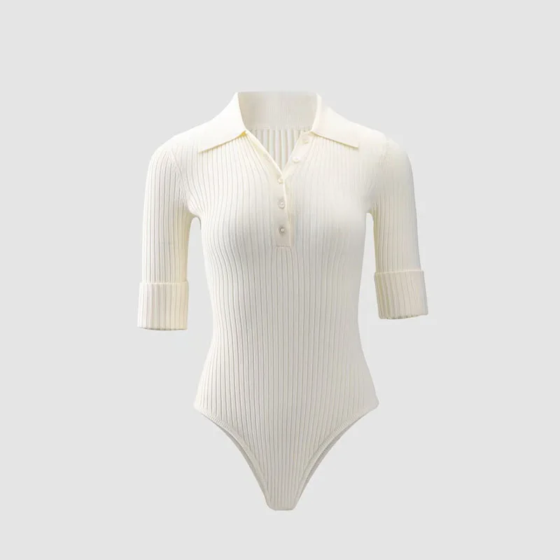 

Lapel knitted jumpsuit for women 2025 new style slimming and form-fitting mid-sleeved Polo collar tight elastic base layer