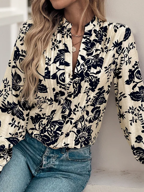 

Винтажная женская рубашка с воротником-стойкой и цветочным принтом, свободного кроя, с длинным рукавом, в стиле ретро, весенняя коллекция