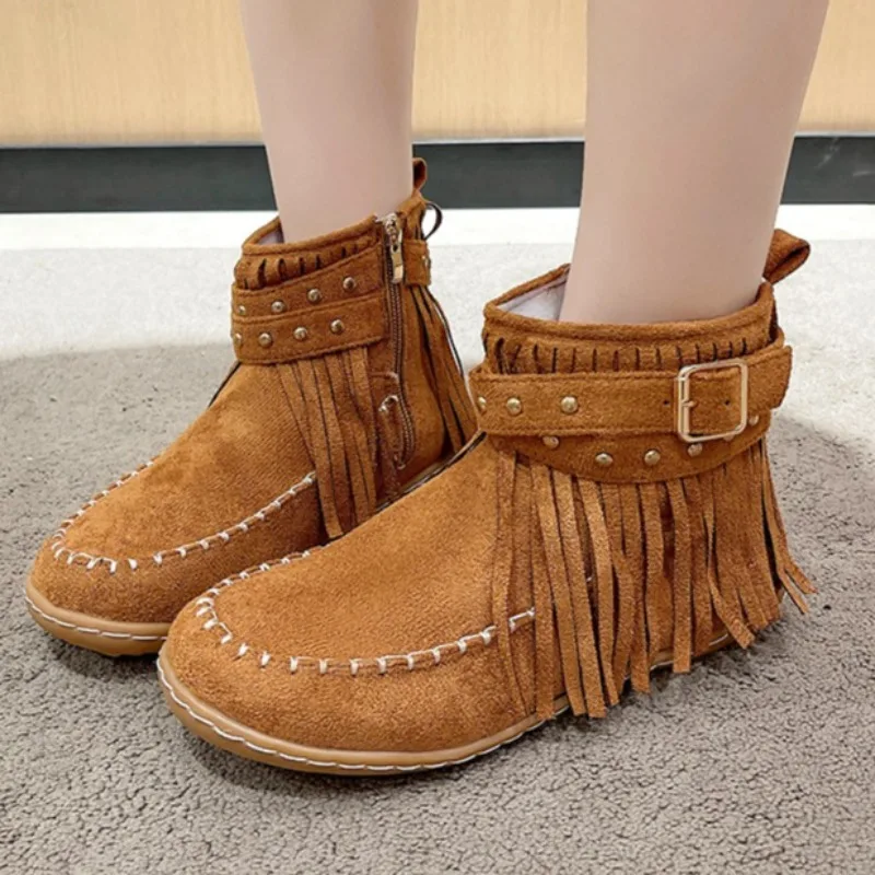 Autumn Women's Versatile Fashion Round Toe Flat Non-slip Niche Design Suede Buckle Short Boots 2025 New Solid Color Boots