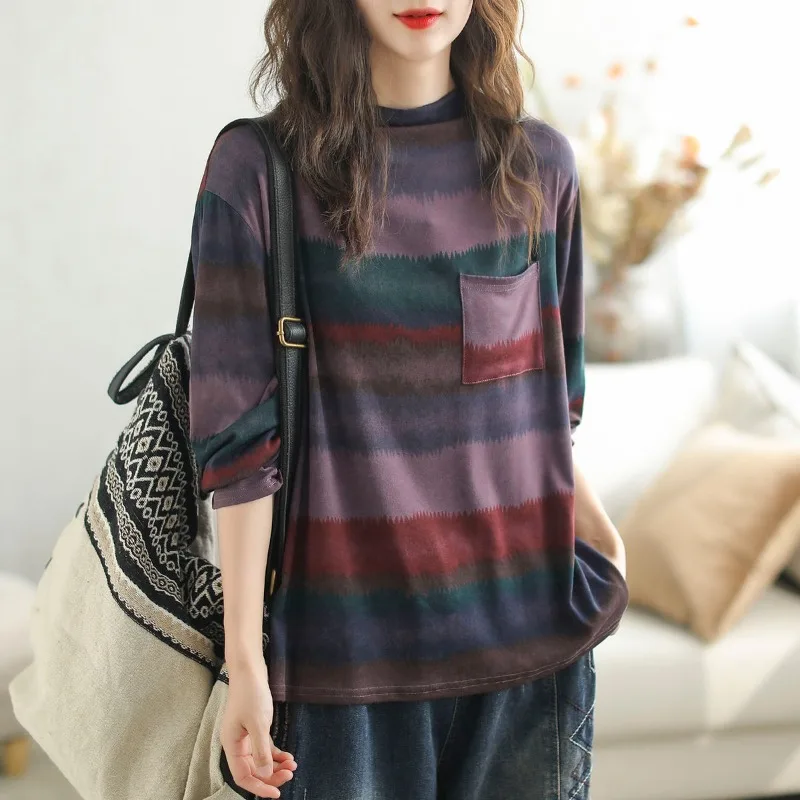 Spring and Autumn Women\'s Pullover Half High Neck Long Sleeve Striped Pocket Vintage Loose Fashion Casual Bottom T-shirt Tops