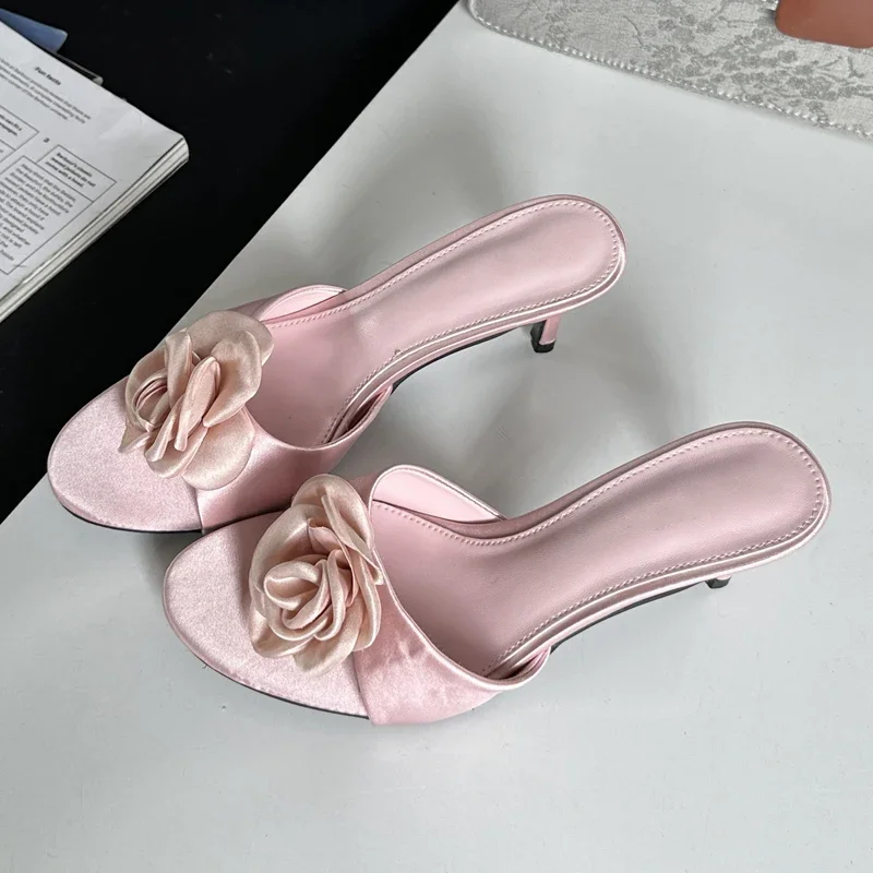 Summer Fashion Flower Woman Slippers Thin Low Heels Party Stripper Ladies Mules Slides Zapatos Mujer