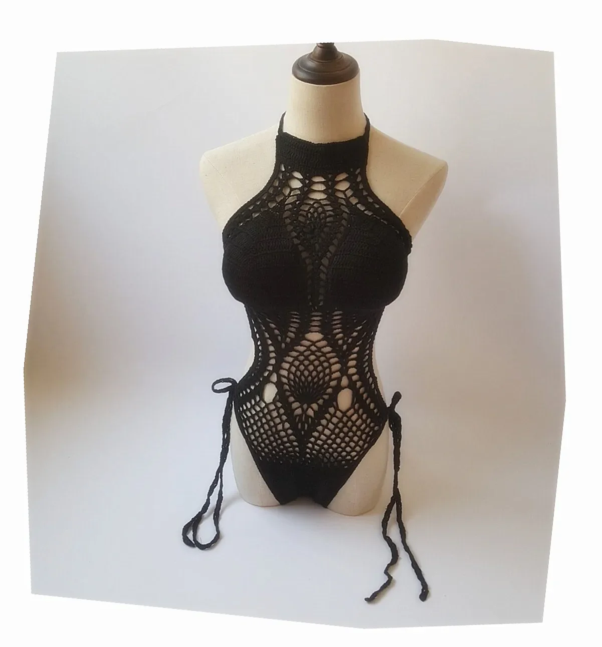 Sexy Knitted Bikini Halter Bathing Suit Women High Waist Crochet Swimsuit One Piece Hollow Out Swimwear