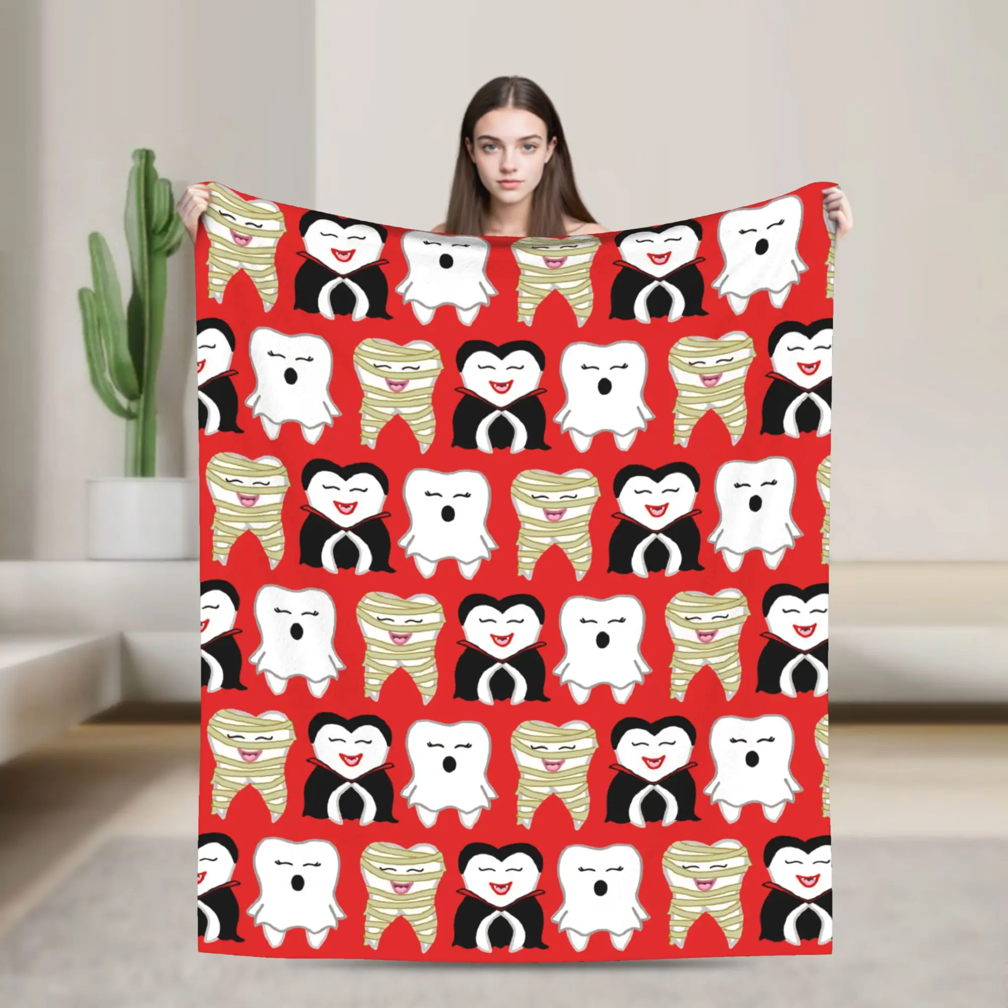 Teeth Trio Blanket Fleece Summer Air Conditioning Cartoon Teeth Helloween Breathable Super Soft Throw Blankets Bedroom Bedspread