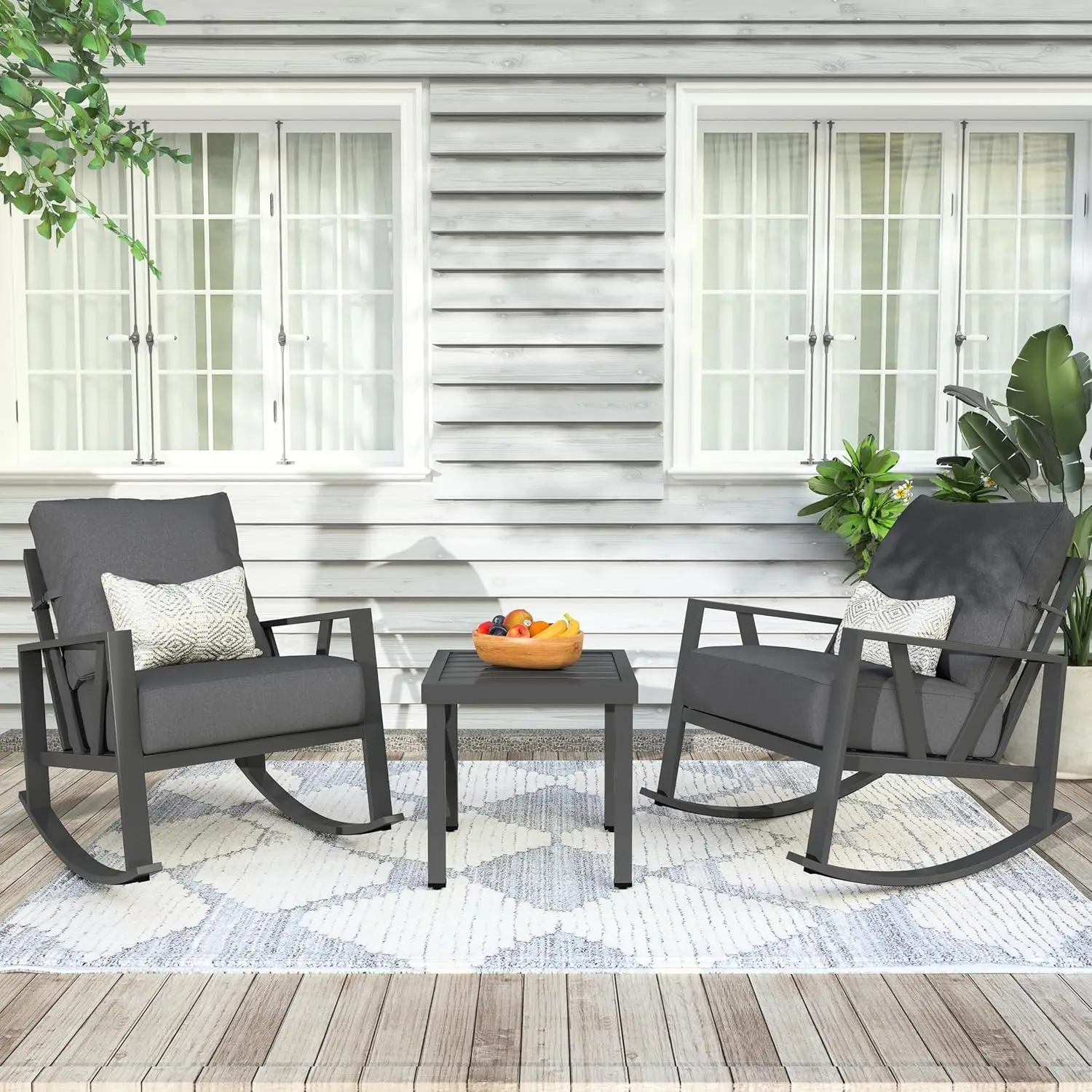 Patio Porch Furniture Set Patio Outdoor Rocking Chairs Set of 2 with Coffee Table 3 Piece Metal Outdoor Patio Furniture Set Grey