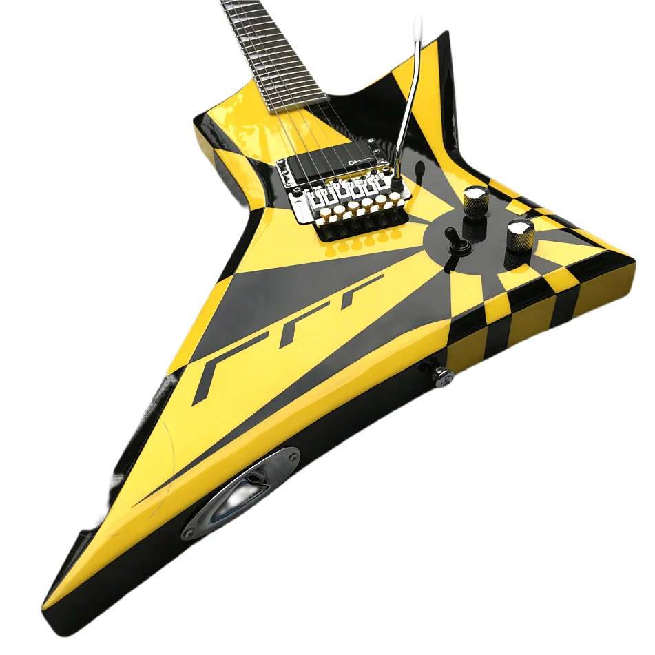6‑String Extreme Solid Body Electric Guitar, Black Yellow Geometric Gloss Finish, HH Humbucker Pickups, Double Tremolo Bridge