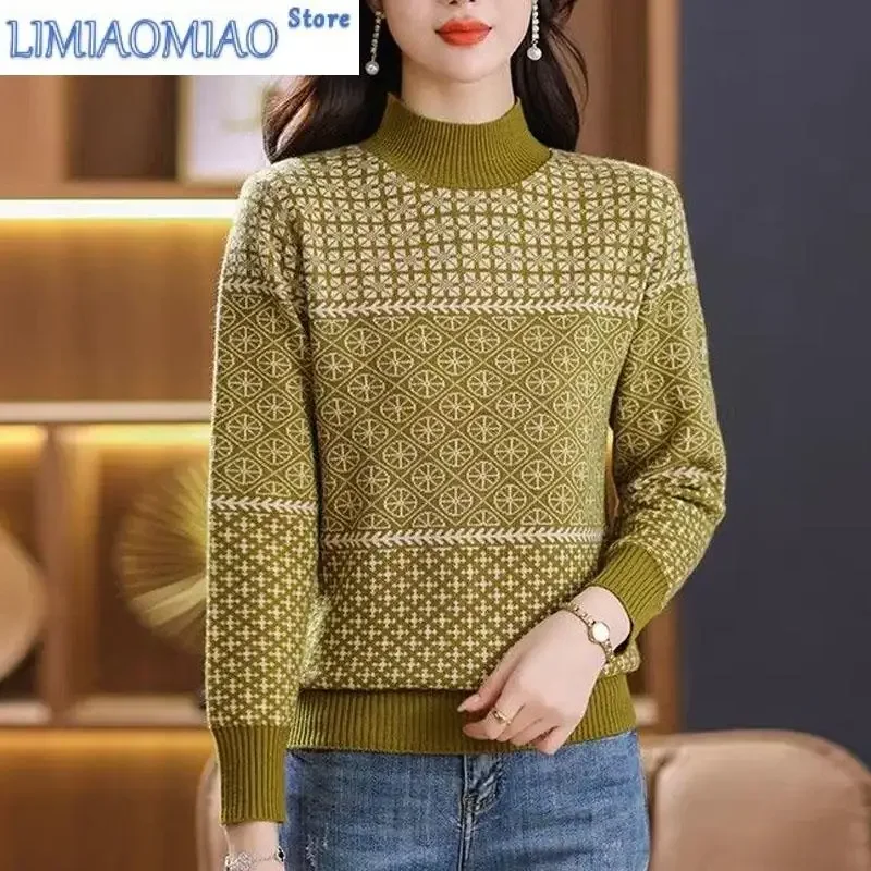 

New Autumn/Winter Fashion Korean Edition Color Block Jacquard Half High Neck Loose and Versatile Western Women's Knitted Sweater
