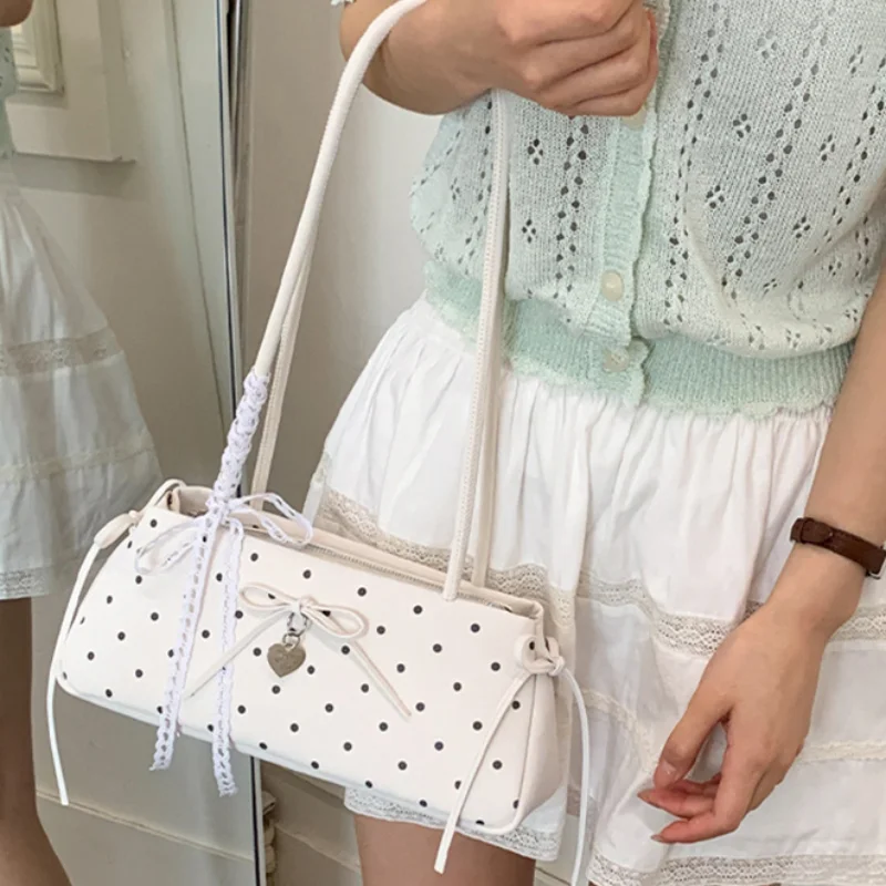 

Модная сумка-подушка в стиле Y2K с бантом и принтом в горошек, с длинным ремнем, большой вместимостью, на молнии, с подвеской