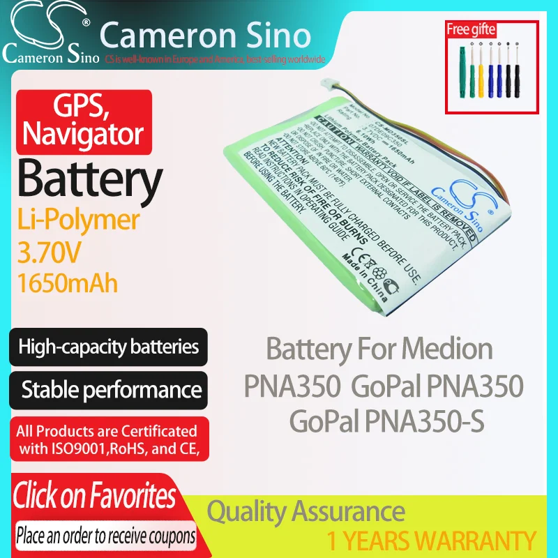 CameronSino Battery for Medion PNA350 GoPal PNA350 GoPal PNA350-S GPS,Navigator battery 1650mAh 3.70V Li-Polymer Black