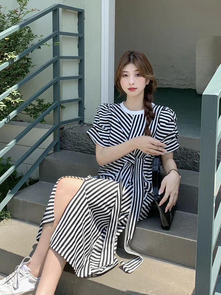 Gaganight Women Celebrity Stripe O neck Long Dress Women Summer New Slim Waist Mid Length Split Dresses Female Vestidos