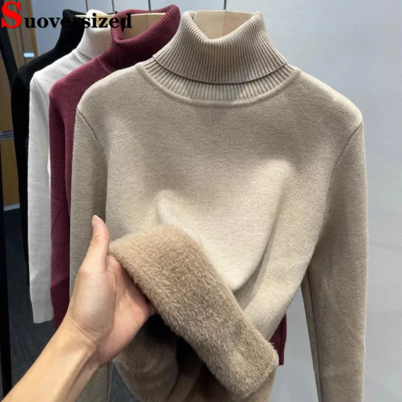 

Warm Soft Knitwear Jumper Turtleneck Sweater Women Winter Thick Plush Fleece Lined Knit Pullover Slim Sueter Long Sleeve Tops