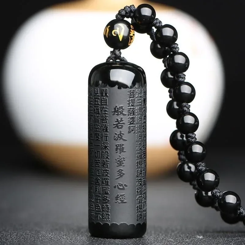

Natural Black Obsidian Heart Meridian Pendant Beads Necklace Charm Jewellery Fashion Accessories Hand-Carved Jesus Amulet Gifts