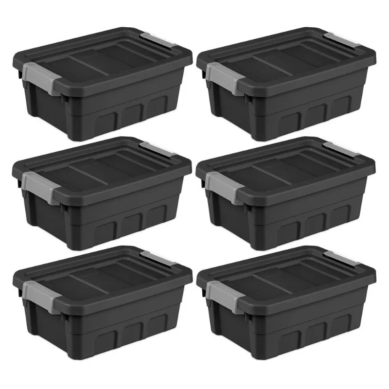 

4 Gallon Industrial Storage Totes with Latch Clip Lids, Black (6 Pack)