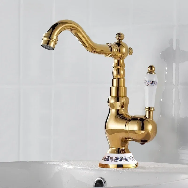 French copper retro faucet kitchen household bathroom cabinet washstand basin hot and cold splash-proof faucet gold