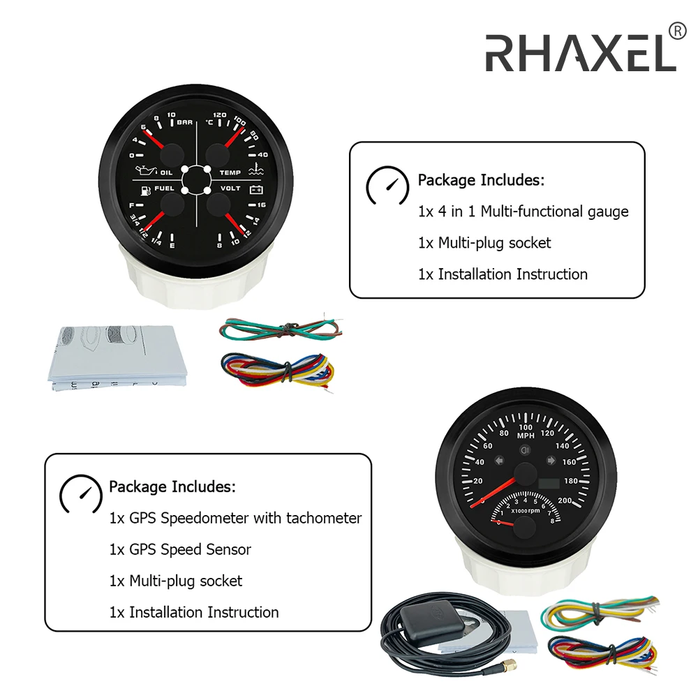 RHAXEL 85mm Car GPS Speedometer 120 200 MPH KM/H with Tachometer 8000RPM Oil Pressure 10Bar Water Temp Fuel Level Voltmeter 12V