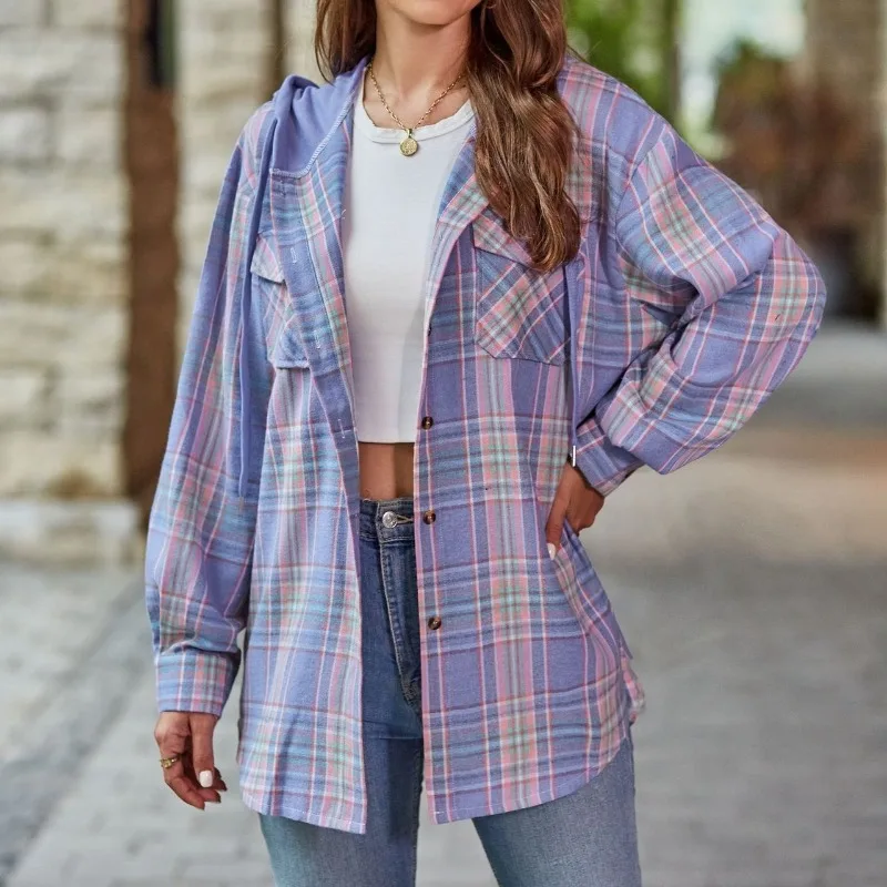 Spring and Autumn Women\'s Cardigan Hooded Long Sleeve Contrast Plaid Stripe Button Pocket Patchwork Fashion Casual Shirt Tops