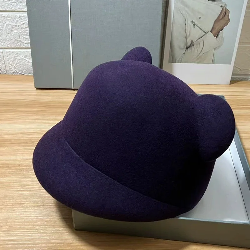 Women’s Short-Brim Wool Felt Hat, Structured Baseball Cap, Fall/Winter Equestrian Hat, Elegant “Mouse Ear” Baseball Cap