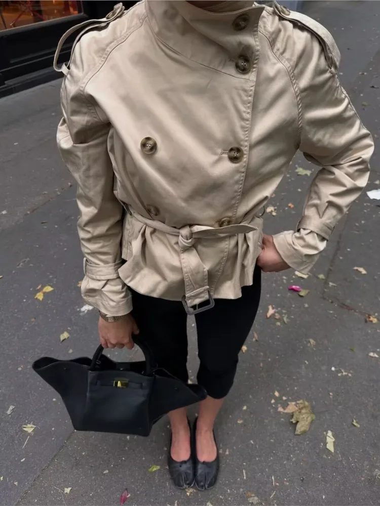 معطف نسائي من NERHEFZ مع حزام للخريف غير رسمي وأكمام طويلة وطية صدر كبيرة سترة واقية مزدوجة الصدر ملابس خارجية أنيقة للسيدات #2