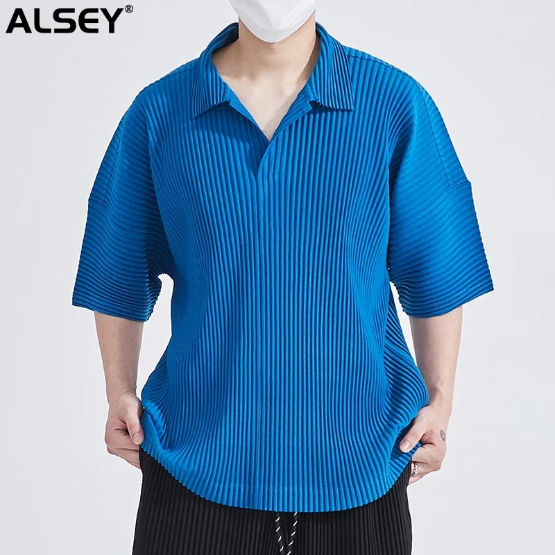 ALSEY Miyake Pleated Men's Japanese Fashion T-shirt Tops Summer New Loose Casual Blue Polo Shirt Short Sleeve Men Clothing