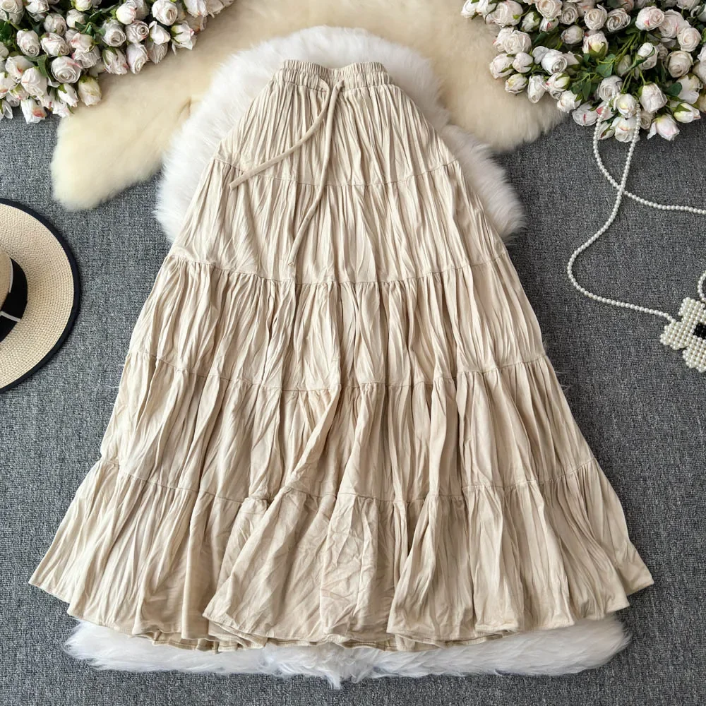 Casual Draw String Lace-up Vintage High Waist Chic Slim A-line Pleated Skirt French Fashion High Street Autumn Winter Clothing