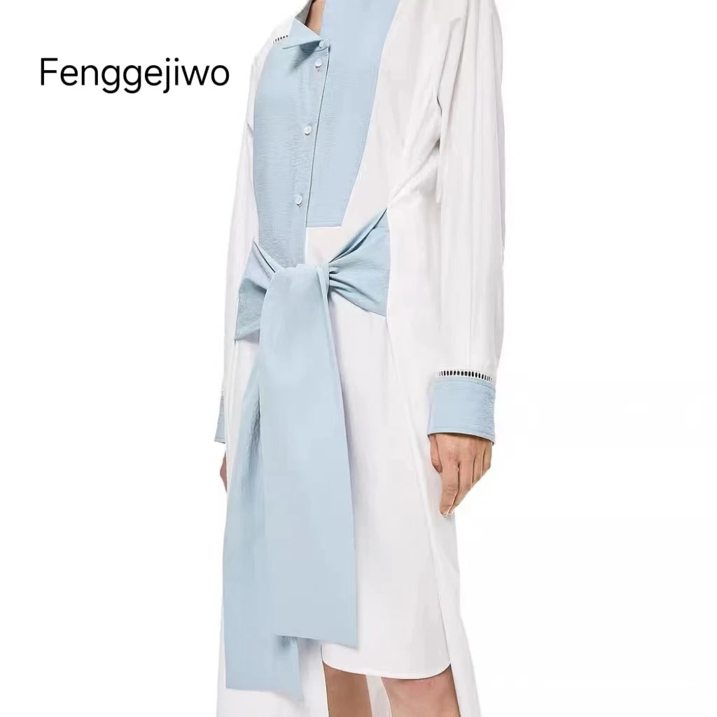 

Fenggejiwo Spring/Summer Women's Shirt Skirt Spliced Cotton and Hemp Fabric Asymmetric Collar Small Pointed Neck Shirt Dress