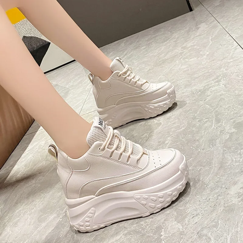 Women Platform Breathable Leather Shoes New Autumn Chunky Sneakers 10CM Wedge Hidden Heels Leisure Sports Casual Dad Shoes Woman image 5
