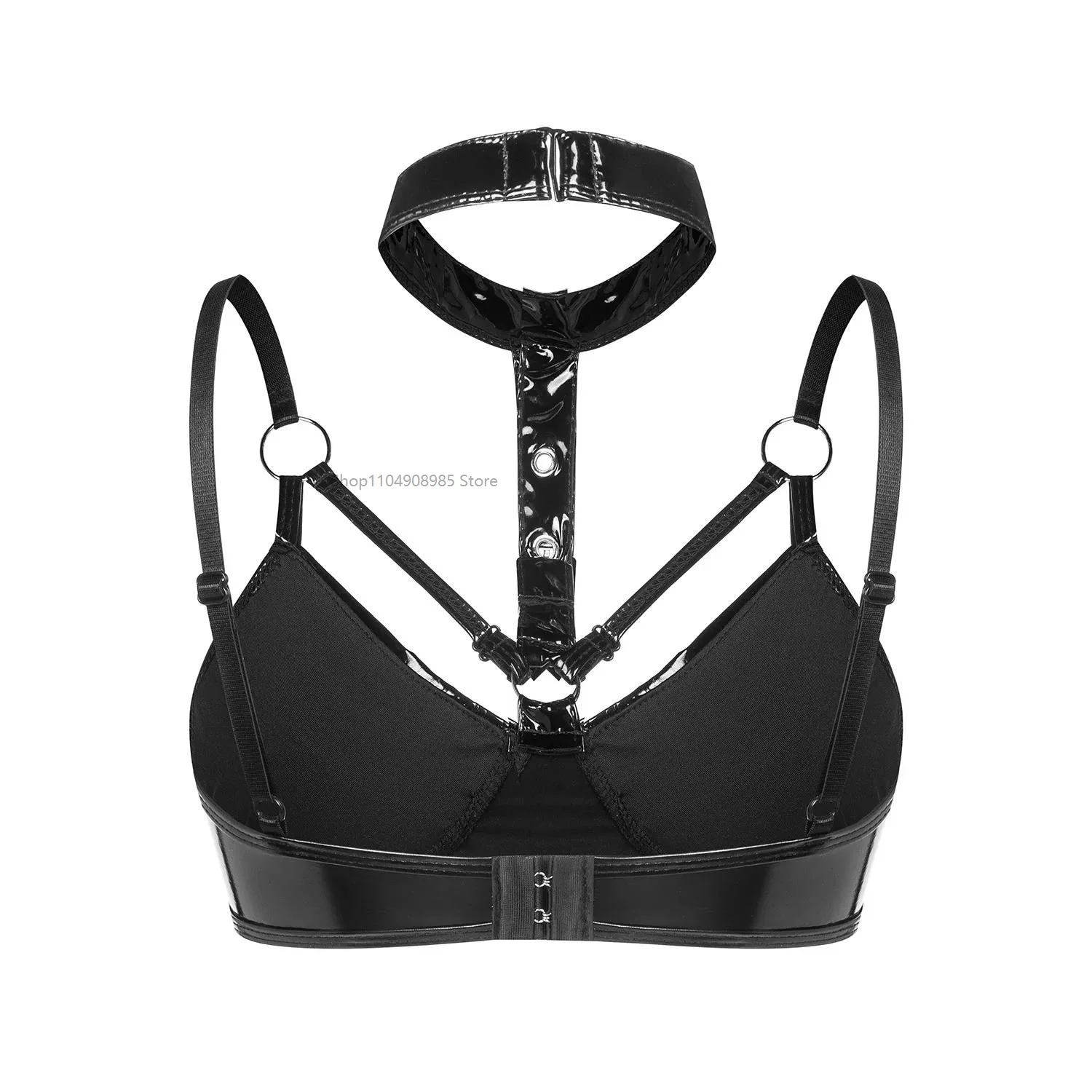 Black/Red Women's Sexy Halter Neck Adjustable Lingerie Shiny PVC Leather Bras Tops Nightclub Party Wet Look Porn Latex Bralette - view 4