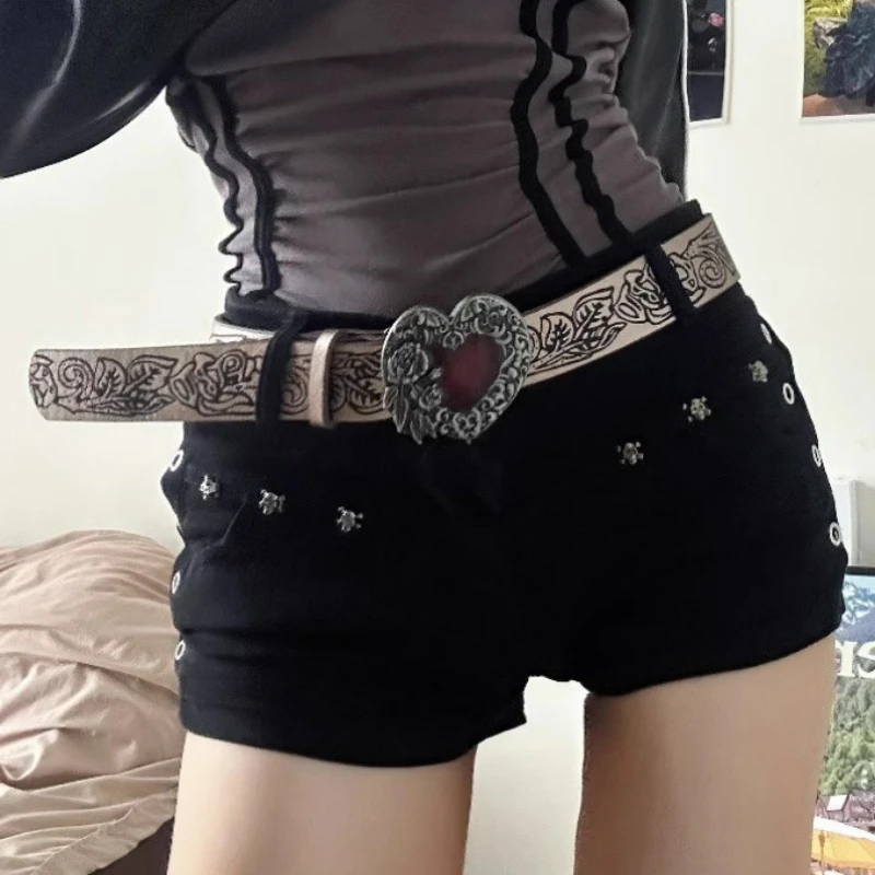 Gothic Vintage Knurling Belt Red Heart Shape Buckle Belts Women Dark Style Waistband Y2k Punk Trend Individual All-match Belts