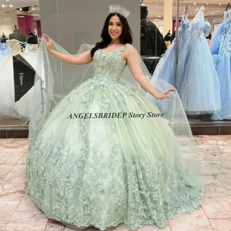 Angelsbridep зеленые платья Quinceanera с накидкой с бабочкой кружевной аппликацией Tull для вечеринки на день рождения выпускного вечера Vestidos De 15 лет