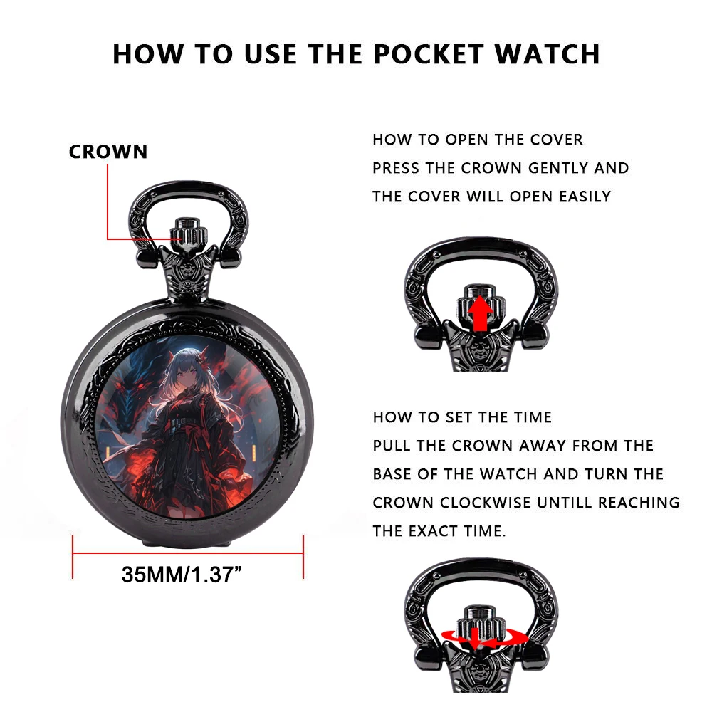 Anime Hutao Cosplay Genshin Quartz Pocket Watch for Women Men Black Necklace Unique Pendant Clock Chain Watch Gift Accessories