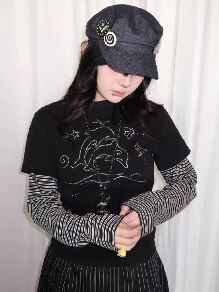 

HOUZHOU Y2k Black Vintage Rhinestone Women Fake Two Piece T-Shirt Striped Long Sleeve Korean Fashion Tees Slim Grunge Streetwear