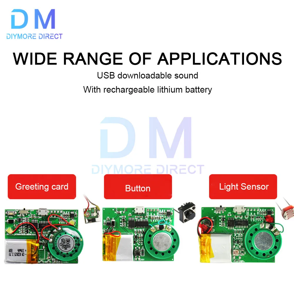 Módulo de grabadora de grabación, módulo de sonido, botón pulsador/Control de luz activado, 8M de capacidad, celda Micro USB alimentada para tarjeta