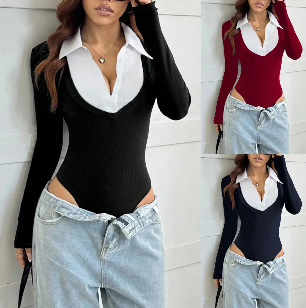 

2026 New Women Casual Color Block Fake Two Piece Long Sleeve Slim Fit Elegant Design Fashion Versatile Lapel Jumpsuit