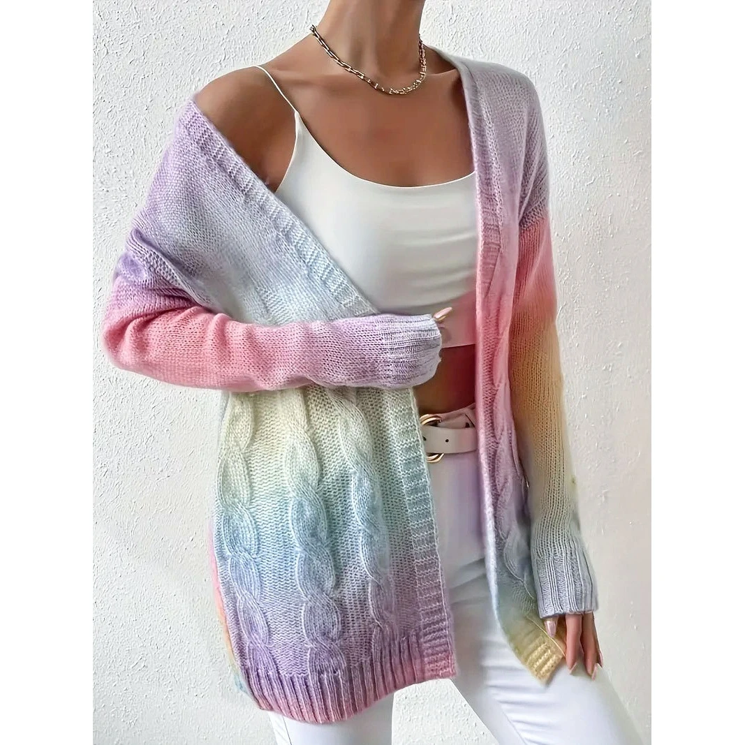 

Rainbow Cardigan Women's Long Sve Knitted Sweater Dyed Tie Dye Knitwear Cardigan Faionable Slim Fit Autumn Outerwear